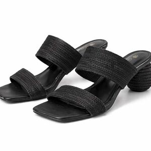 Mata Black Textured Strap Heeled Sandals Size 8.5 Square Toe Minimalist